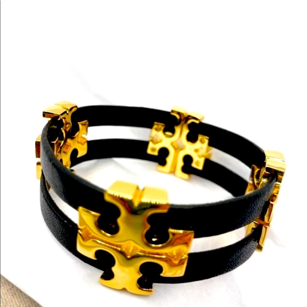 New Tory Burch Gold Logo, Black Leather Magnetic Bracelet